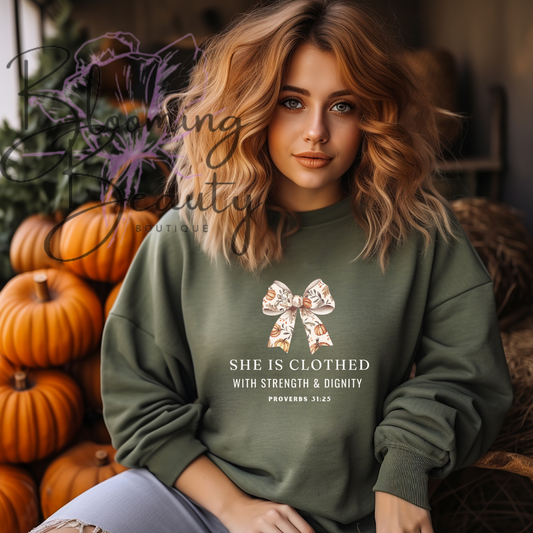She is Clothed in Dignity and Strength Crew Neck Sweat Shirt