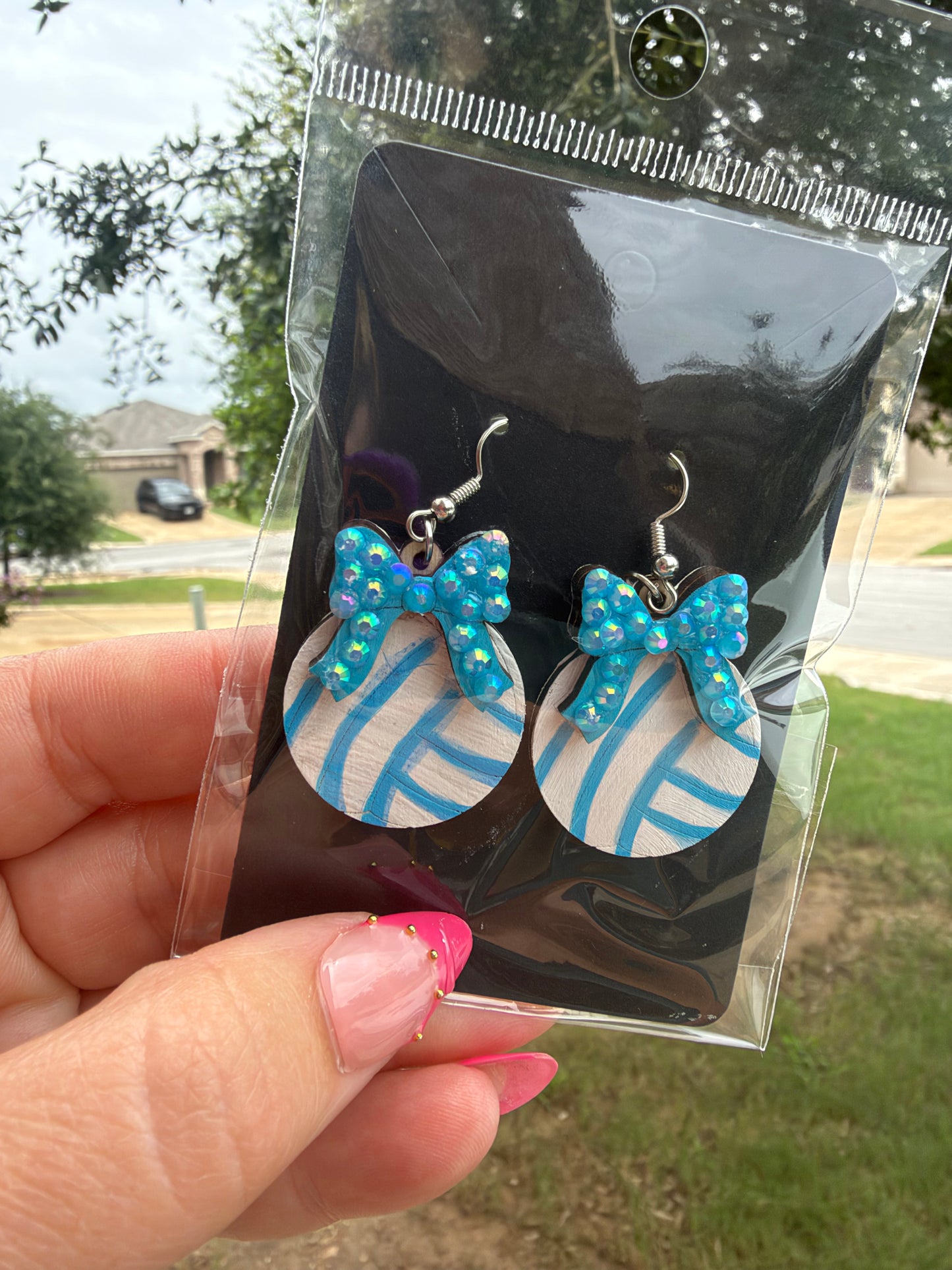 Wooden Volleyball earrings Hand painted and Bedazzled
