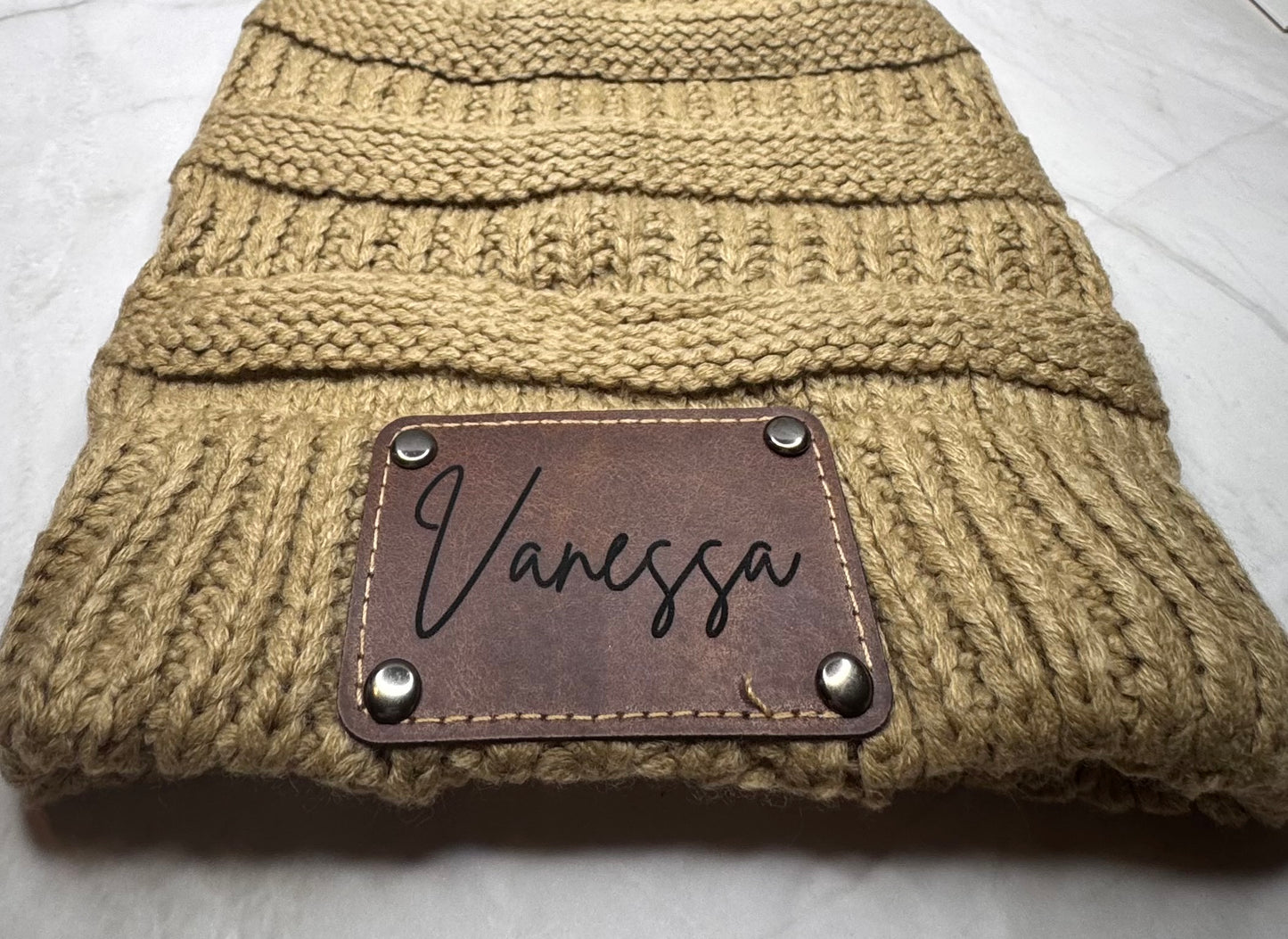 Woman Beanie With Custom Leather Patch