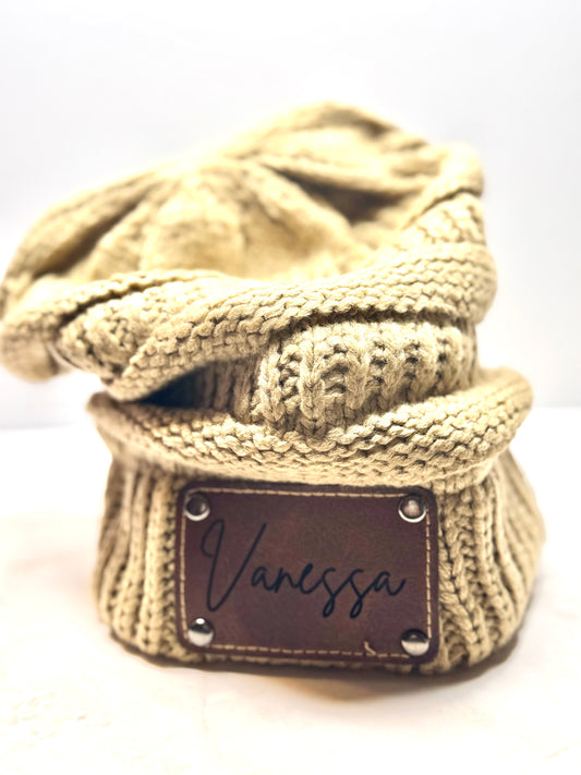 Woman Beanie With Custom Leather Patch