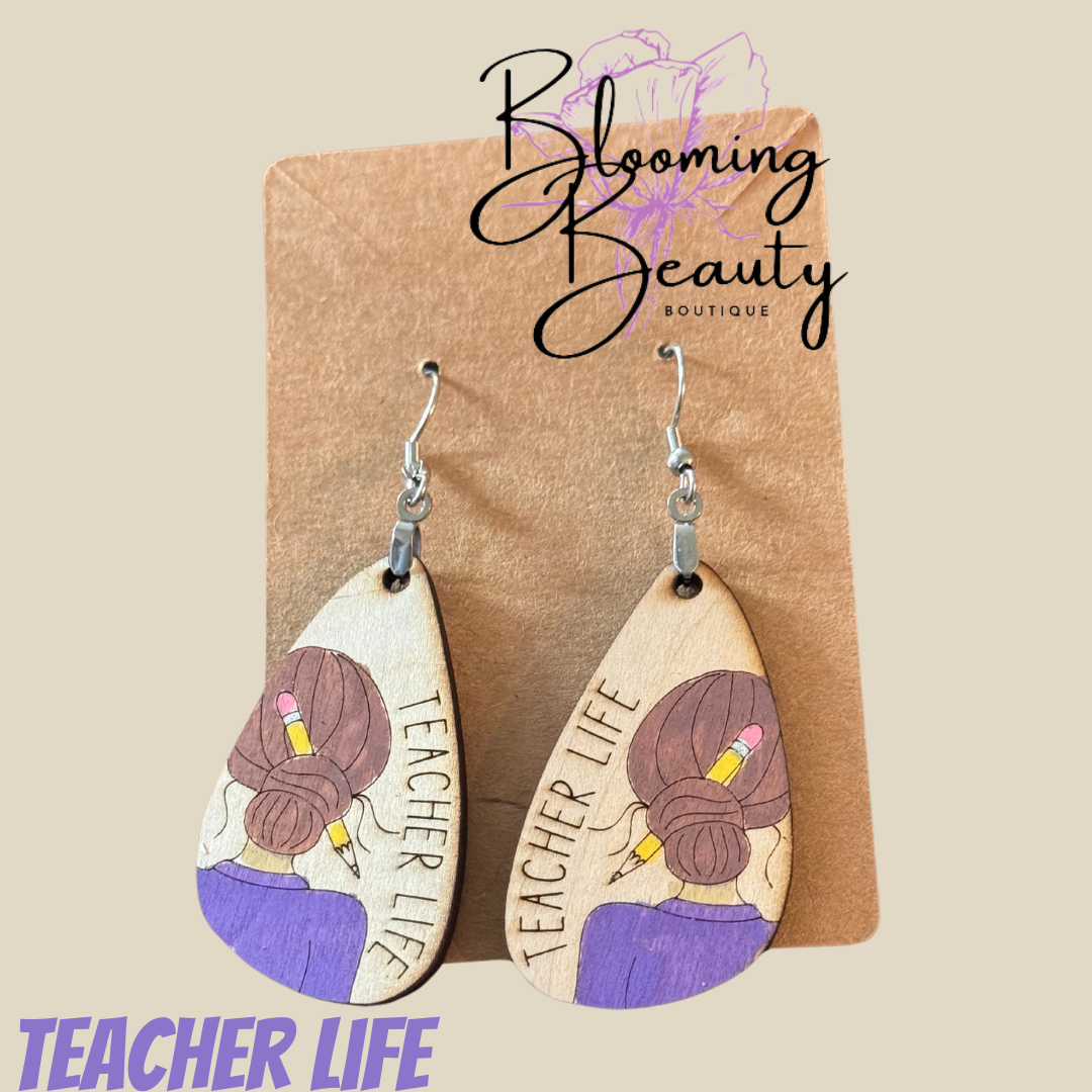 Teacher Life Engraved Earrings